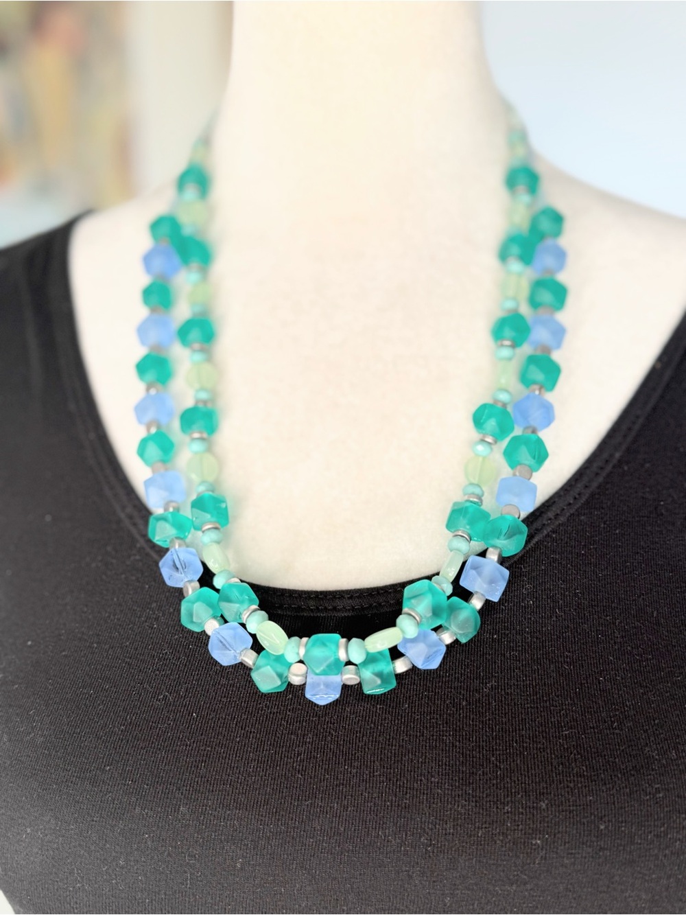 Lia Sophia Double Strand Beaded Necklace Blue Green Frosted Glass 24in